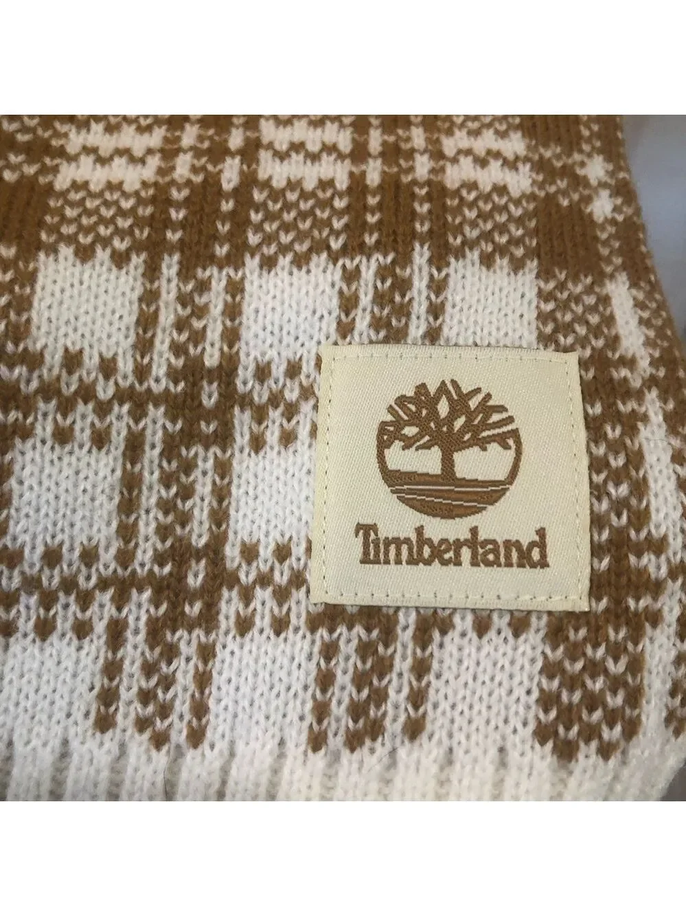 Timberland knit neck scarf. Caramel and white plaid. NWT